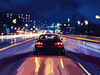 Poster - Car driving on road at night, illustration