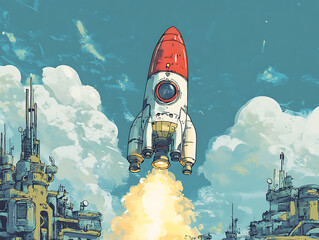 Poster - Cartoon space ship rocket taking off