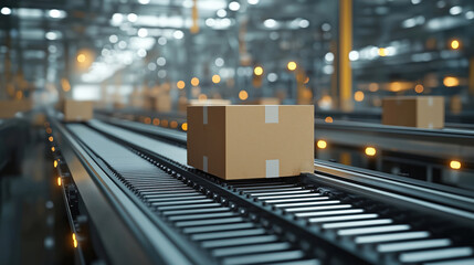 Aufkleber - Modern high-tech factory conveyor belt system transports cardboard box. Automated logistics process in modern facility. Future tech warehouse concept. Efficient package handling illustrated.