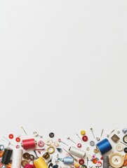 Poster - A collection of sewing supplies such as needles, vibrant threads, and assorted buttons is spread on a white background, perfect for crafting ideas. Generative AI