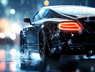 Poster - Close up of a generic unbranded luxury dark car under rain, illustration