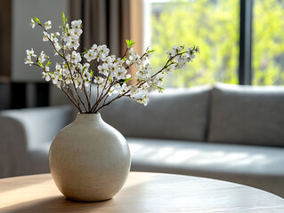 Poster - Close up of ceramic vase with blossom twigs on round wooden coffee table against grey sofa and window, minimalist home interior design of modern living room