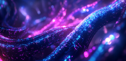Poster - Vivid abstract digital landscape showcasing flowing lines of light and color in a futuristic environment. Abstract art illustration