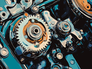 Fototapete - Close up oh gears of an engine, illustration
