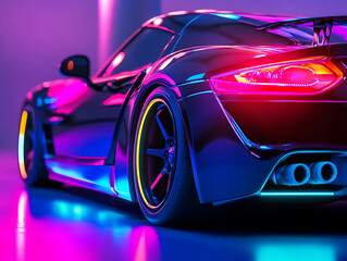 Poster - Close up view of a generic and unbranded sport car illuminated by colorful lights, illustration