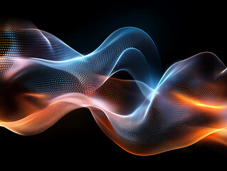 Poster - Abstract digital network waves and glowing blue and orange particle data on dark background