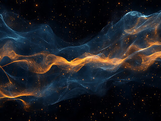 Wall Mural - Abstract digital network waves and glowing blue and orange particle data on dark background