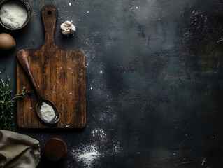Poster - Abstract food background, top view of dark rustic kitchen table with wooden cutting board and cooking spoon, frame, banner or template with copy space for your design, kitchen utensils objects
