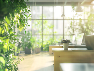 Poster - concept of a green office space, captured with a blurred effect to highlight the serene and peaceful