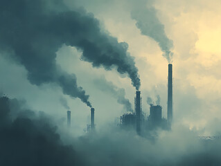 Aufkleber - Concept of carbon emissions, represented by smoke billowing from factory chimneys and sinking into a thick smog, the environmental consequences of industrial pollution