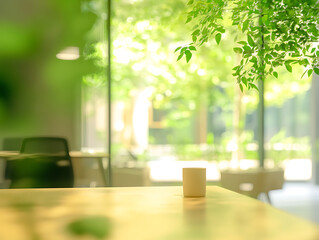 Poster - concept of a green office space, captured with a blurred effect to highlight the serene and peaceful
