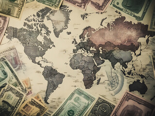 Poster - Currency exchange and money transfer concept with world map and banknotes of different currencies with graph background