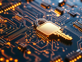 Poster - Cyber security concept with key on circuit board