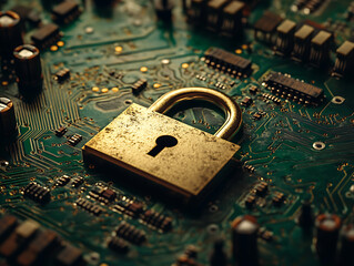 Poster - Digital padlock with glowing edges on a dynamic abstract background, embodies cybersecurity concept