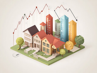 Poster - An illustrative concept of the housing market, showcasing residential real estate development, property investment growth, and the upward trend in housing sales and prices