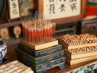 Poster - An organized display of various-sized acupuncture needles on a specialized stand, ready for use in traditional chinese medicine therapy sessions