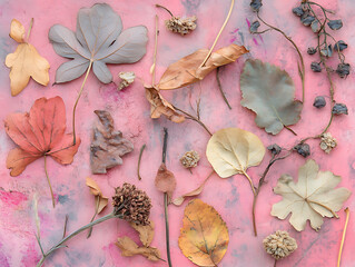 Aufkleber - Autumn composition of dry autumn leaves and flowers on a pastel background, top view