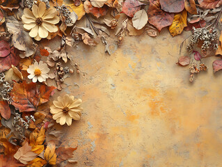 Aufkleber - Autumn composition of dry autumn leaves and flowers on a pastel background, top view