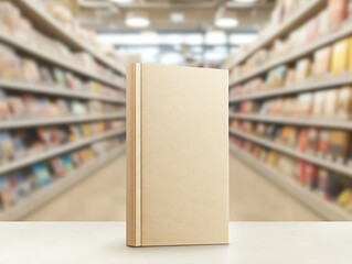 Aufkleber - Beige book standing in a brightly lit bookstore with blurred shelves