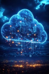 Aufkleber - Futuristic cloud computing illustration shows glowing data connections. City lights below highlight tech innovation. Glowing circuit patterns inside large digital cloud. Abstract representation of