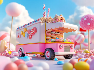 Poster - 3d render, fantasy colorful food truck of candy land