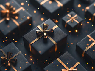 Poster - Black gift boxes arranged on dark background, black friday discounts concept