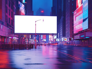 Poster - Blank billboard on city street at dusk, urban advertising space, marketing and promotion concept