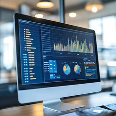Poster - A computer monitor displaying various graphs and data analysis charts, with a blurred office background, symbolizing business analytics