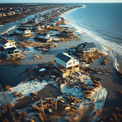Aufkleber - A coastal community rebuilding after being devastated by a storm surge or hurricane, depicting the resilience efforts needed to adapt to climate change impacts, climate change