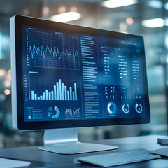 Aufkleber - A computer monitor displaying various graphs and data analysis charts, with a blurred office background, symbolizing business analytics