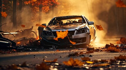 Wall Mural - Dramatic Car Accident Scene on the Road Highway at Sunset with Smoke and Fire Debris