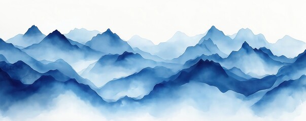 Aufkleber - Abstract illustration of misty blue mountain range against white background. Layered, blended shades of blue create soft, serene atmosphere evoking tranquility, nature. Image simple, elegant, could