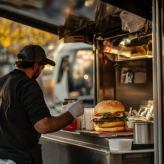 Poster - A fast food street food vendor with a freshly made cheeseburger