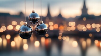Wall Mural - christmas balls hanging on an out of focus background