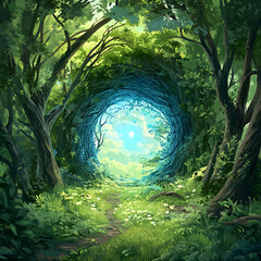 Poster - A magical, fantastic dense green forest, a blue portal is visible between the trees, fabulous illustration