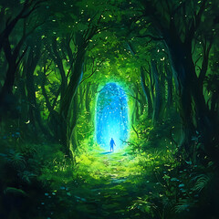 Poster - A magical, fantastic dense green forest, a blue portal is visible between the trees, fabulous illustration