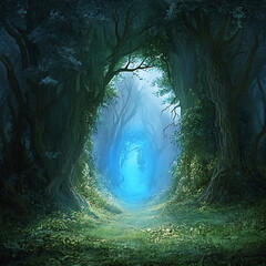 Poster - A magical, fantastic dense green forest, a blue portal is visible between the trees, fabulous illustration