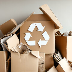 Poster - A pile of assorted paper and cardboard materials marked with the universal recycling symbol, set against a neutral background to promote environmental conservation and sustainable practices