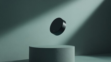 Poster - Minimalistic Black Device Floating Above a Gray Cylinder in Soft Natural Light Against a Serene Green Background Creating a Futuristic Ambience