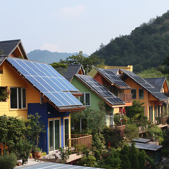 Aufkleber - A row of the house with solar panels on a roof