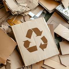 Poster - A pile of assorted paper and cardboard materials marked with the universal recycling symbol, set against a neutral background to promote environmental conservation and sustainable practices