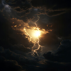 Poster - A stormy dark sky with black clouds and sparkling lightning from behind which the sun and direct sunlight are visible