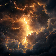 Poster - A stormy dark sky with black clouds and sparkling lightning from behind which the sun and direct sunlight are visible