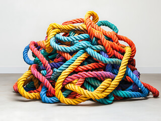 Poster - A tangled pile of coloured rope, confusion and thought process concept