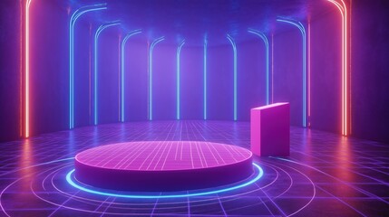 Aufkleber - Empty room with neon lights. Purple walls with blue, pink neon lines. Pink digital podium on floor. Futuristic tech style. Empty space for product presentation. Suitable for product showcase