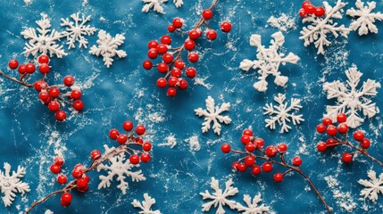 Poster - Christmas or winter composition. Snowflakes and red berries on blue background. Christmas, winter, new year concept. Flat lay, top view, copy space