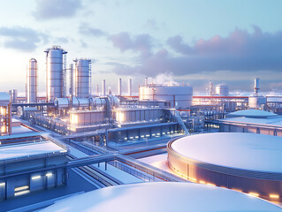 Fototapete - A vast industrial complex with a massive lng storage tank designed for holding liquified natural gas at low temperatures, showcasing modern energy infrastructure