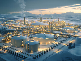 Aufkleber - A vast industrial complex with a massive lng storage tank designed for holding liquified natural gas at low temperatures, showcasing modern energy infrastructure