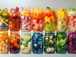 Poster - A vibrant collection of assorted fermented foods displayed in clear glass jars, featuring a colorful array of textures and hues from vegetables and fruits, symbolizing healthy probiotic rich cuisine