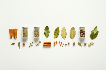 Poster - Colorful spice jars sit with bay leaves and cinnamon sticks on a clean white background, offering plenty of copy space. Generative AI
